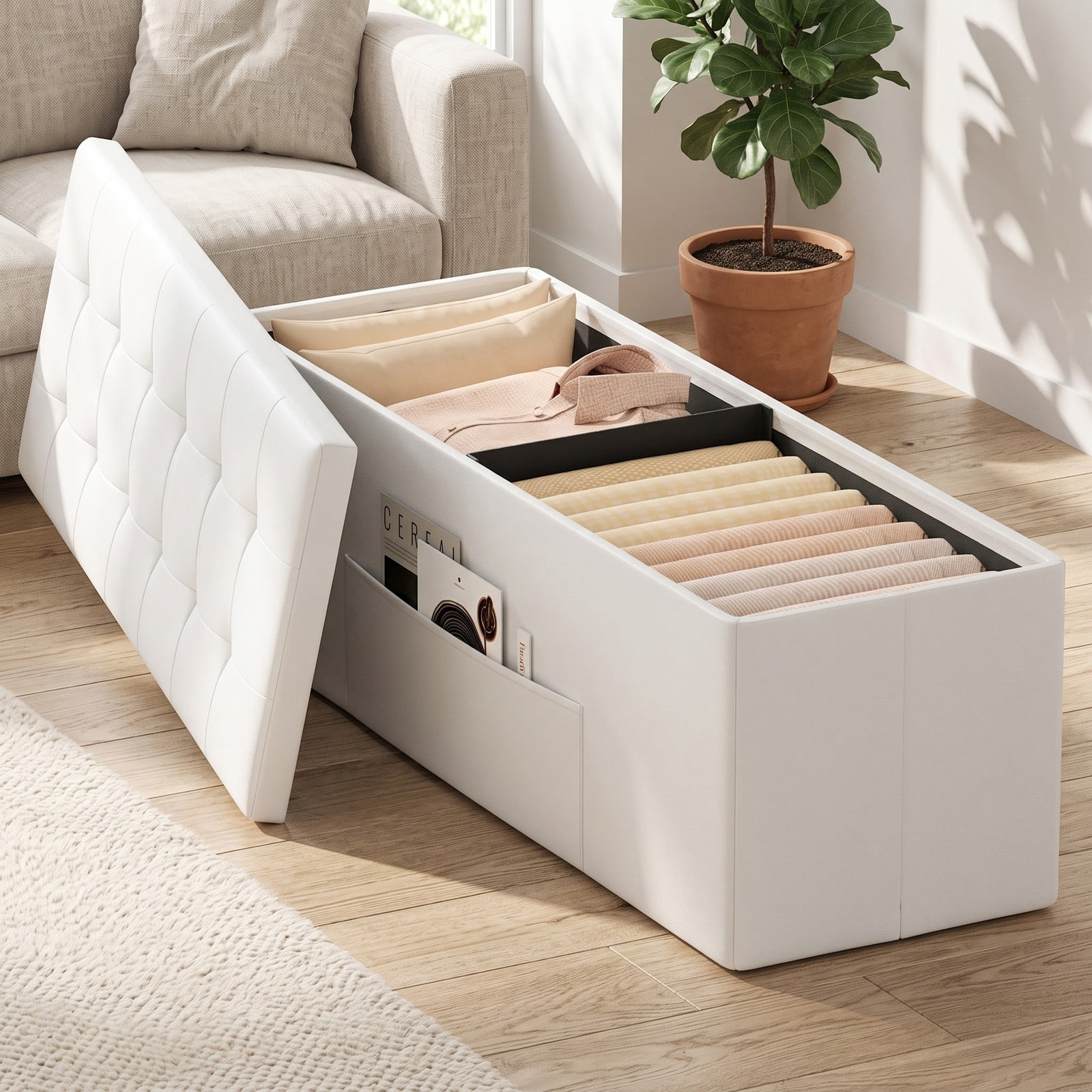 Furnibear 43 Inch Folding PU Leather Storage Ottoman Bench with Divider and Side Pocket for Living Room, Bedroom and Entryway, White