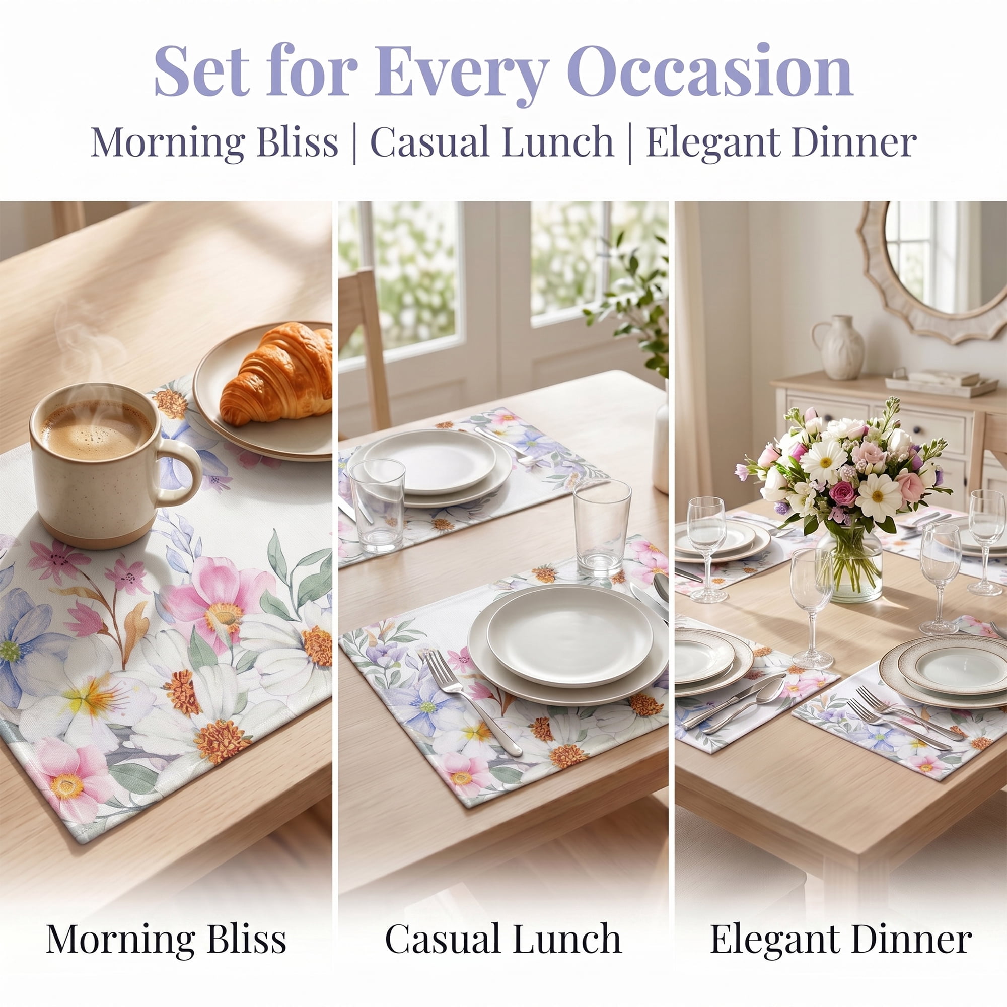 Unique Bargains Durable Farmhouse Placemats Set of 6 Linen Placemats Flowers E 18*12in