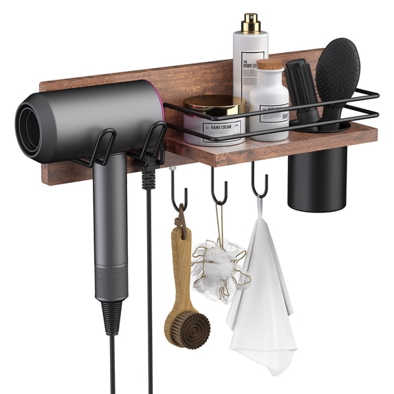 Wooden Hair Dryer Holder Wall Mount,Bathroom Organizer for Styling Tools,Blow Dryer,Curling Iron,Hair Straightener Floating Shelves for Hairdryer Storage