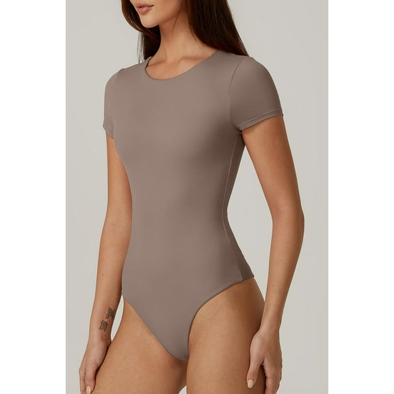 Women's Taupe Round - Neck Short - Sleeve Double - Lined Form - Fitting Bodysuit Basic T - Shirt Top
