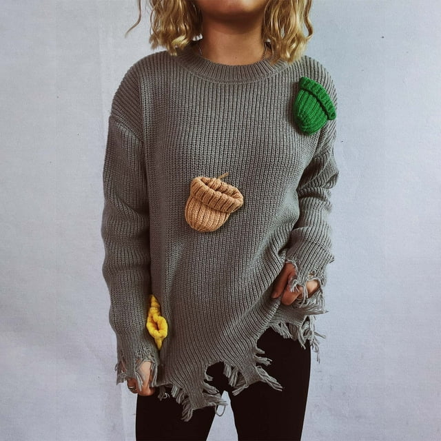 TIMIFIS Chandails pour Femmes Automne Décontracté Ample Manches Longues Col Rond Tricoté Hauts avec Décoration de Chapeau Mignon