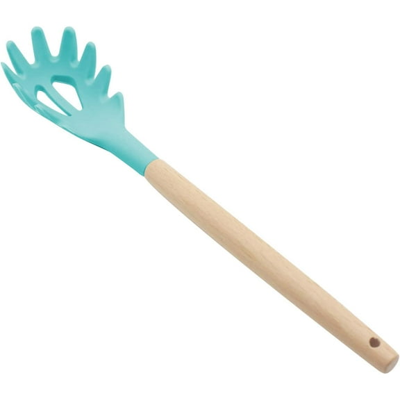 Silicone Pasta Fork, Food Grade Noodle Spoon with Natural Wooden Handle, BPA Free, Spaghetti Strainer & Server Spoon (12 inch, Green)