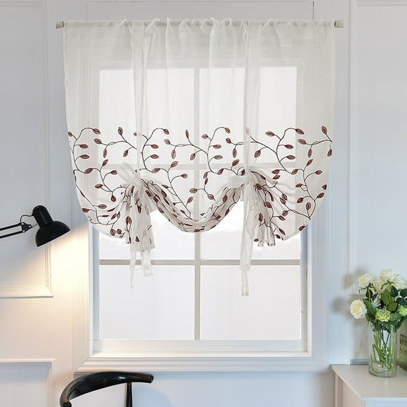 1 Pack Mesh Solid Color Sheer Curtains Embroidered Curtains Foldable Binding Curtains with Bows (Red and White,100*120cm/39.37*47.24")