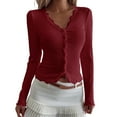 thumbnail image 2 of BRGZLK Women Sweaters Solid Color V Neck Button Down Long Sleeve Lace Trim Patchwork Rib Cardigan T Shirt Wine L, 2 of 5