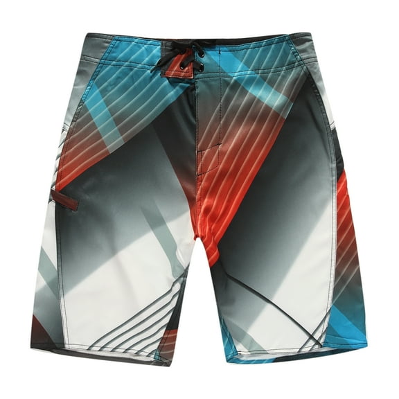 Men's Beach Wear Board Shorts with Pocket in Grey Blue Red Stripes 32