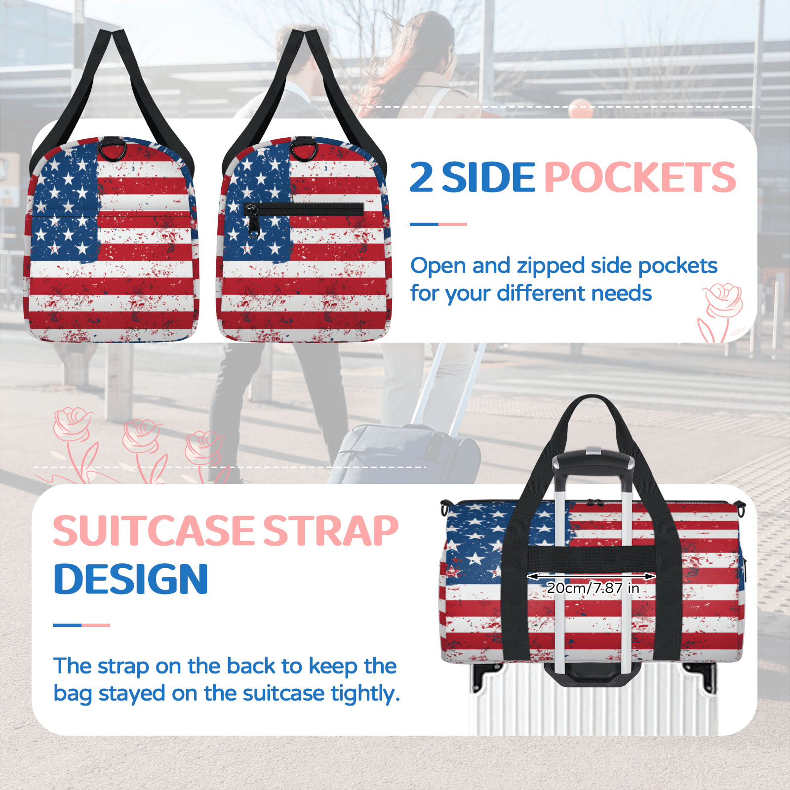 Herdesigns USA Flag Travel Duffle Bag Sports Yoga Weekender Overnight Carry on Workout Bags Lightweight Waterproof Gym Tote Bag for Women Vintage USA 4th of July
