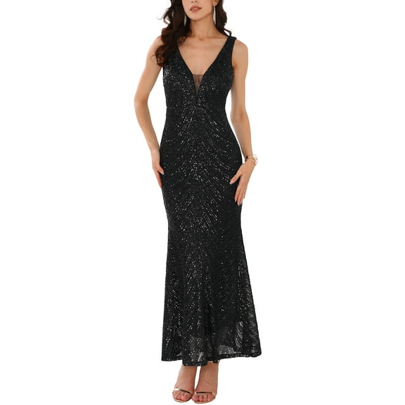 INSPIRE CHIC Women's Sequin V Neck Sleeveless Cocktail Maxi Evening Gown Dresses Black S