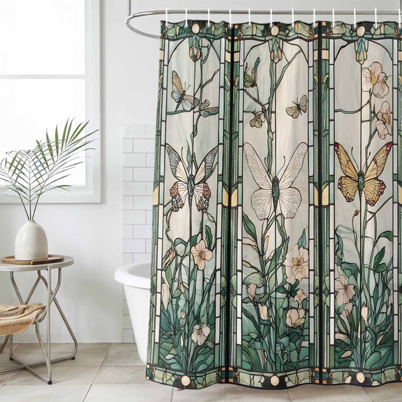 Retro Butterfly Waterproof Fabric Shower Curtain,Green Spring Floral Botanical Waterproof Fabric Shower Curtain for Bathroom Curtains Bathtubs Hotel Shower Curtains with 12 Hooks Standard 60x72