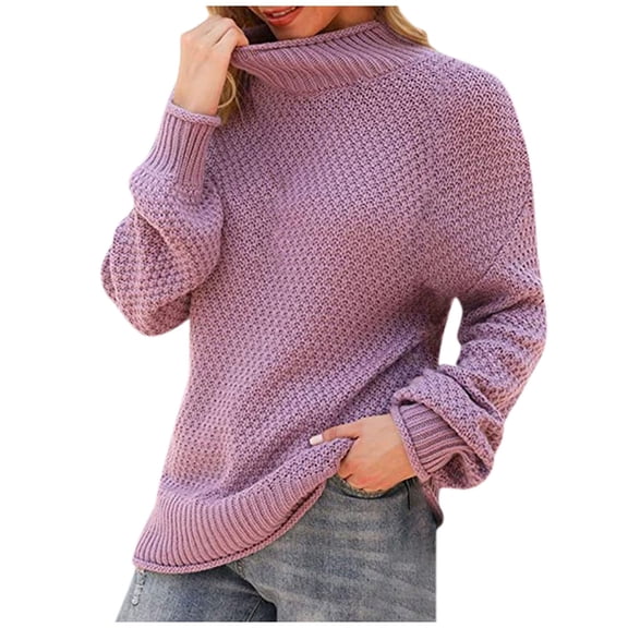 XFLWAM Womens Turtleneck Sweaters Batwing Long Sleeve Casual Loose Oversized Chunky Knit Pullover Jumper Tops Purple L