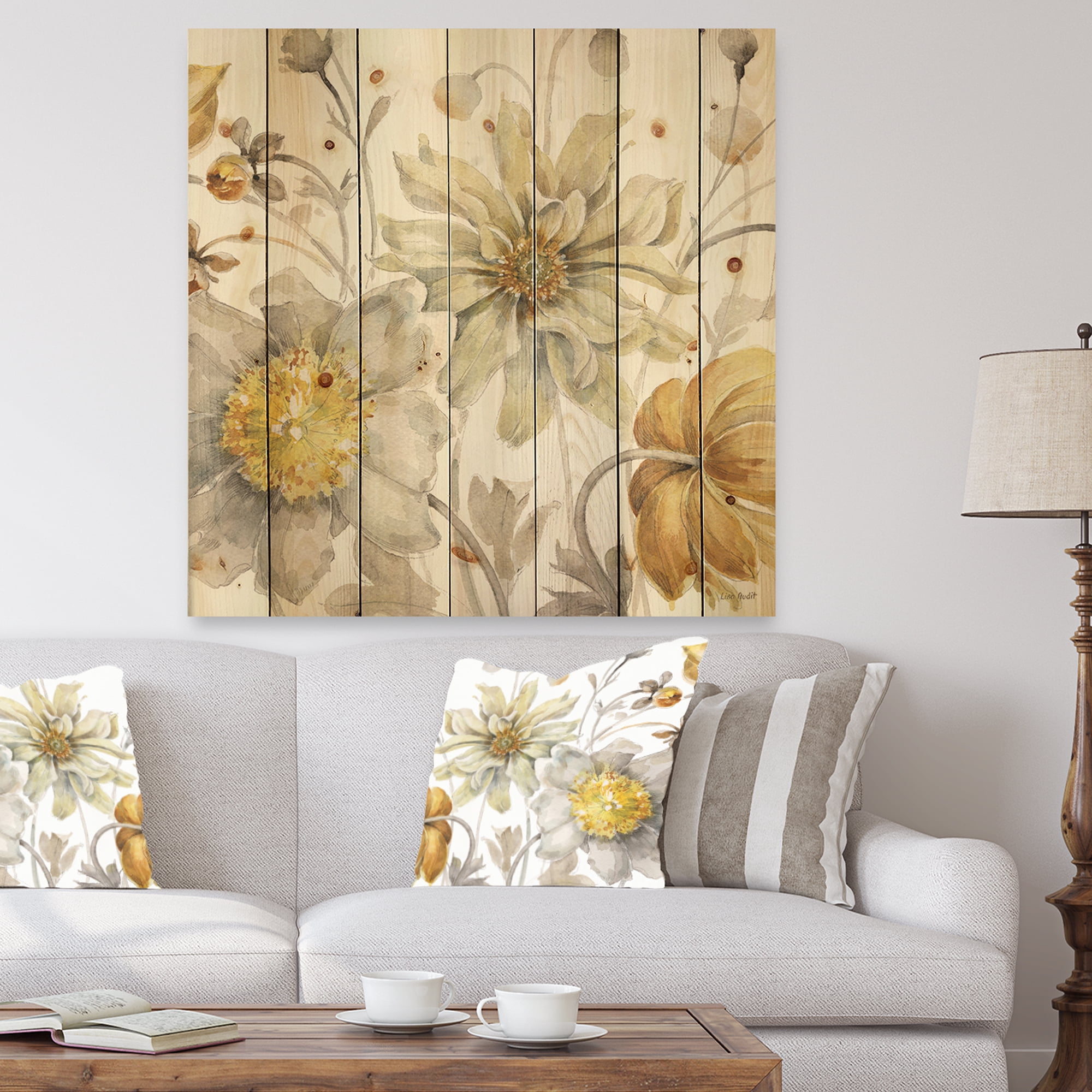 Designart 'Fields of Gold Watercolor Flower V' Traditional Print on Natural Pine Wood
