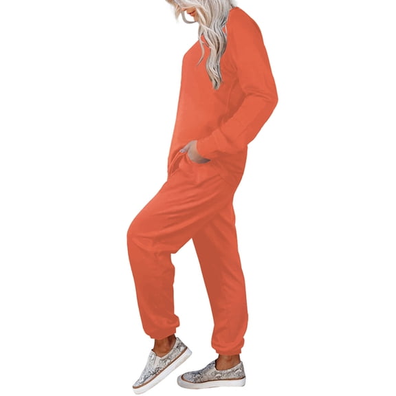 Women'S Fall 2 Piece Lounge Outfit Long Sleeve Tops High Waisted Jogger Pants Set Tracksuit Orange M
