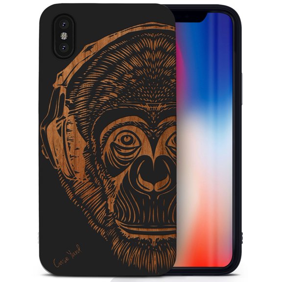 Case Yard Wooden Case for iPhone-X Soft TPU Silicone cover Slim Fit Shockproof Wood Protective Phone Cover for Girls Boys Men and Women Supports Wireless Charging Headphone Monkey Design