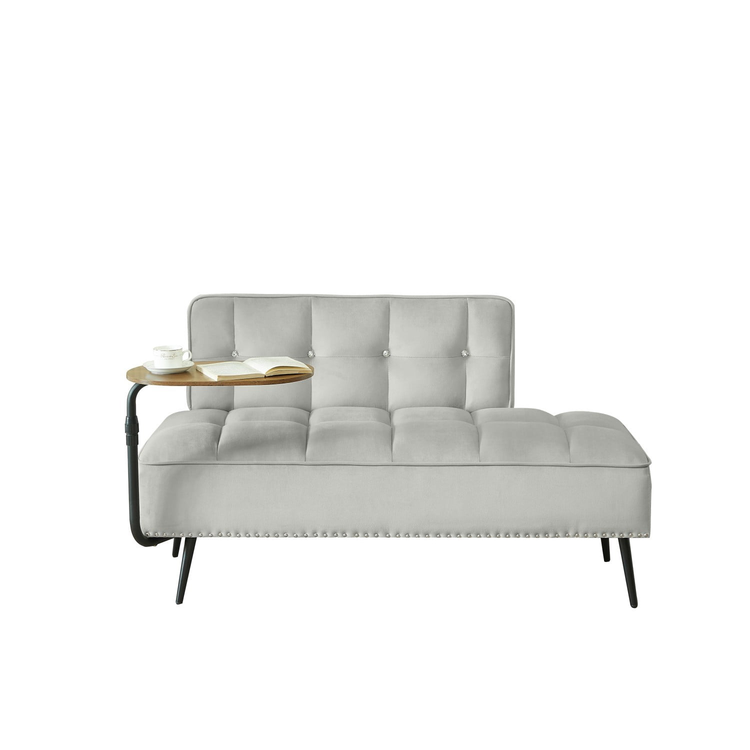 54-Inch Modern 2 Seater Velvet Sofa with 360 Rotating Side Table, Upholstered Couch with Nailhead Trim for Living Room Bedroom Apartment, Gray