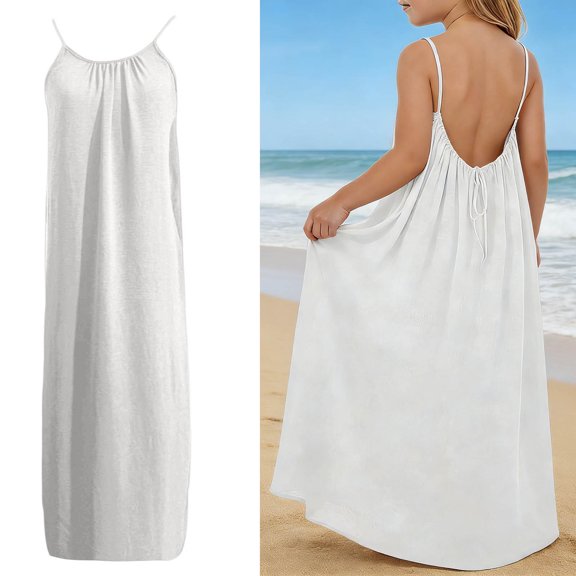 Kid Girls Backless Cami Dress Sleeveless Lounge Dress White Flowy Dress Long Sundress Girls Dresses Summer