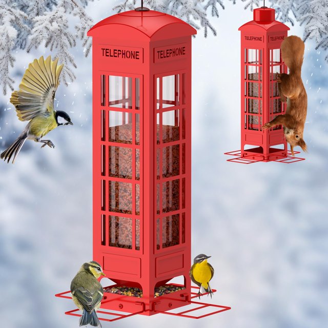 Squirrel Proof Bird Feeder, Metal Bird Feeders for Outdoors Hanging, 3LB Capacity, Gravity Protection Squirrel-Proof Heavy Duty Wild Birdfeeder for Finch Cardinal Chickadee (Red)