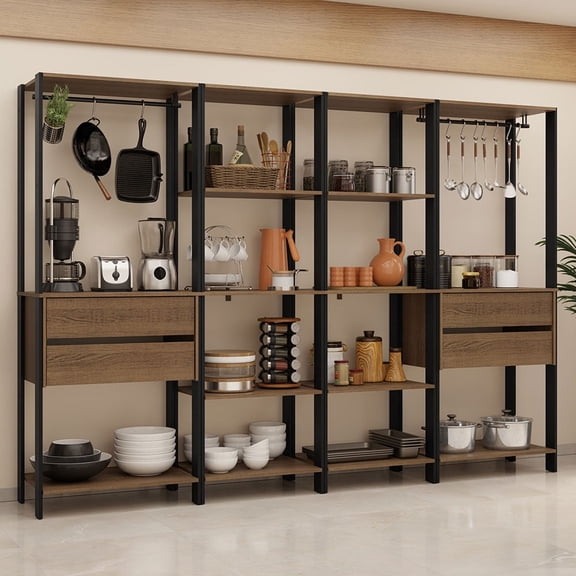 Madesa Kitchen Pantry Storage Rack with 4 Drawers, Open Shelves and Hanging Spaces 102"L Multiuse Modular Cabinet for Kitchen Organization - Black/Brown