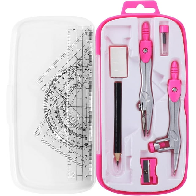 This 10-piece math and geometry set for students includes a shatterproof storage box, a ruler, protractor, compass, eraser, pencil sharpener, pencil lead, and pencil for drawing and drafting.,Pink