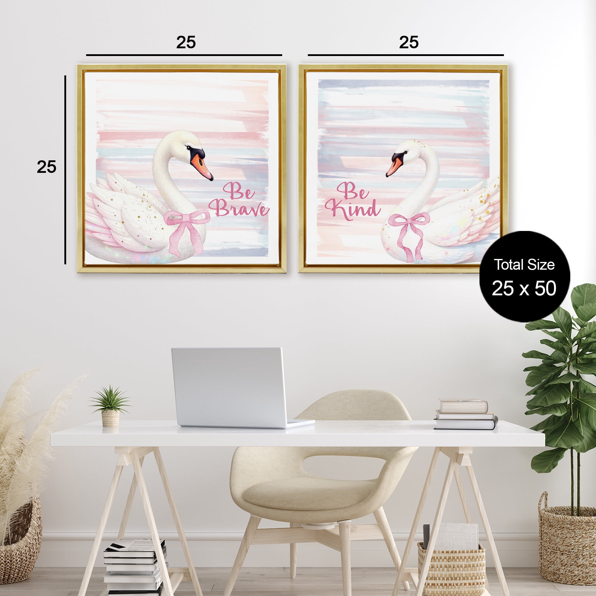 Be Brave & Kind Pastel Swan 2 Piece Gold Framed Floater Canvas Set, design by Kim Allen