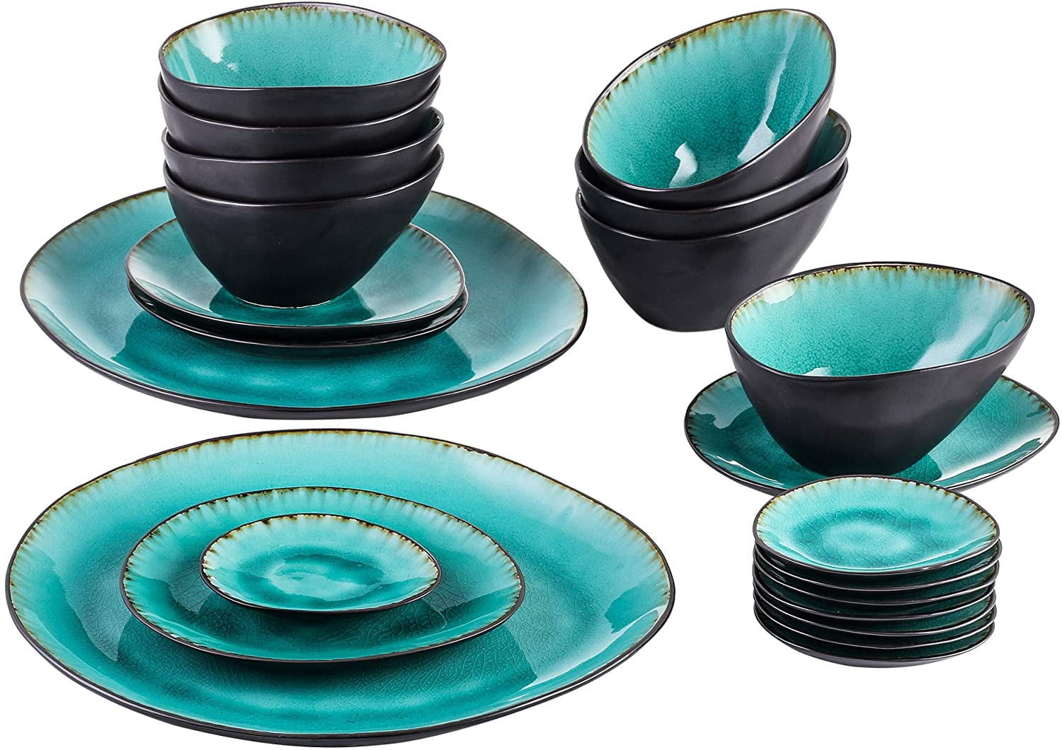 vancasso Aqua Dinner Set Stoneware Vintage Look Ceramic Blue 22-Piece Set Serving Dishes Including Dinner Plate Dessert Plate Serving Set with Crazed Effect Consisting of Bowls and Matching Saucers