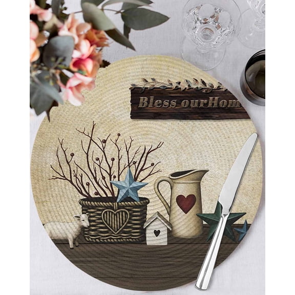 13 Inch Round Placemats Set of 6, Texas Stars Vintage Non Slip Heat Insulation PP Table Mats, Bless OurHome Pots Country Wood Grain Washable Place Mats for Kitchen Dining Party Table Decor