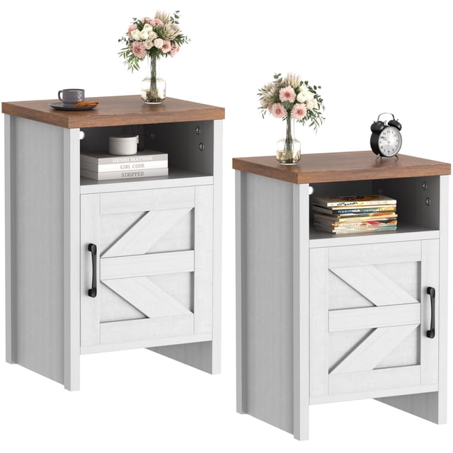 JUMMICO Table de Chevet Style Ferme, Table de Chevet Moderne avec Porte de Grange et Étagère, Table d'Appoint Rustique pour Chambre, Salon (2, Blanc)