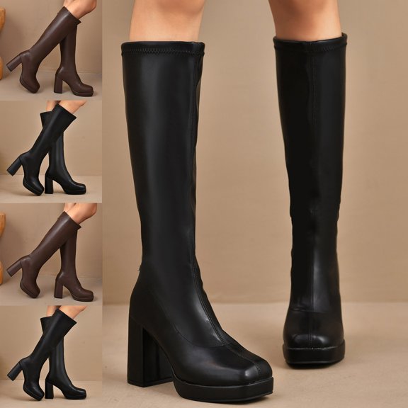 Crunowin Women's Thick Heel Height-Enhancing Boots Mid-Calf Thick Sole Fall Winter Casual Shoes Black Size 6