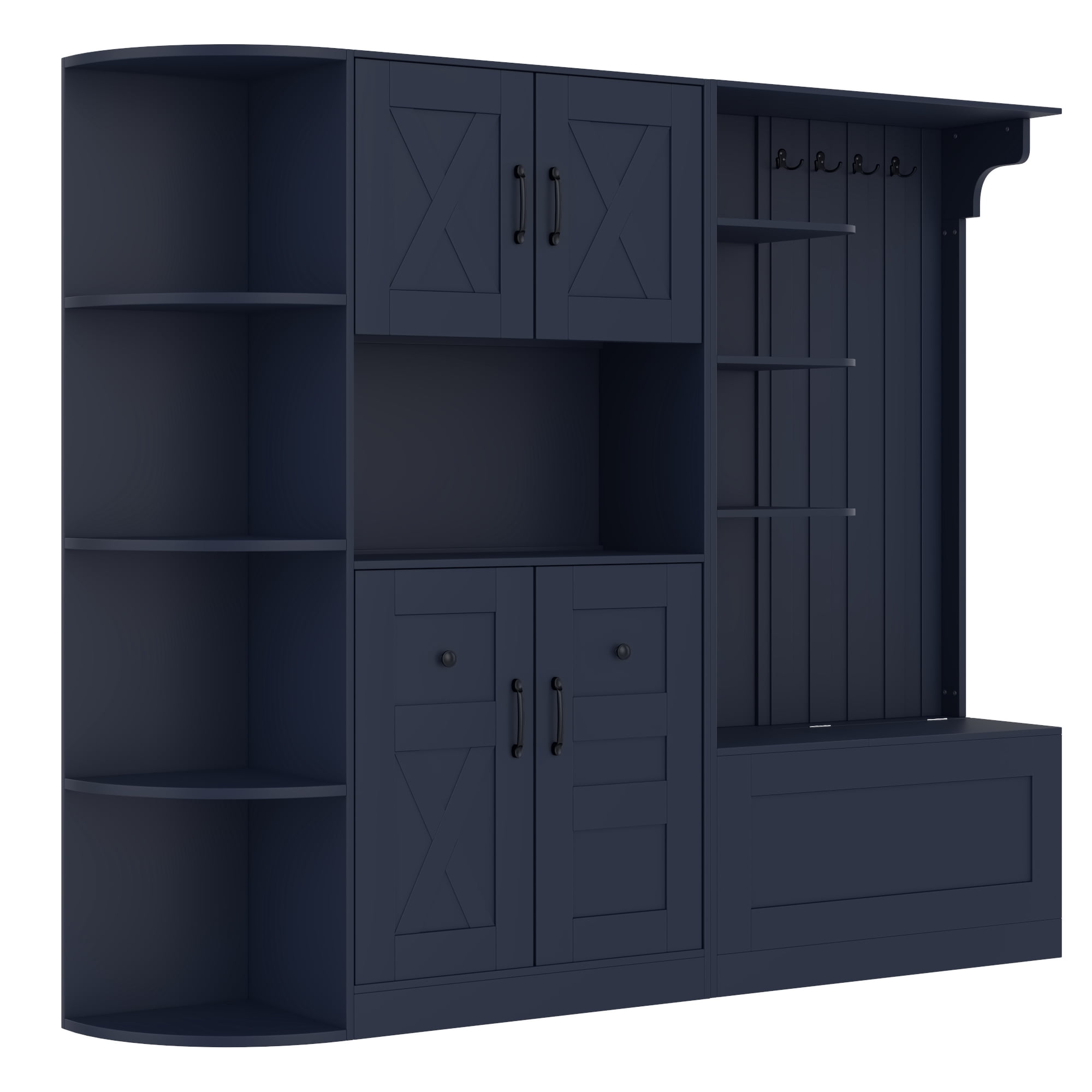 T-Foyer Farmhouse Antique Blue Detachable Hall Tree with 4 Hooks & Bench, Wooden Rustic Entryway Organizer with Open Storage & 2 Cabinets