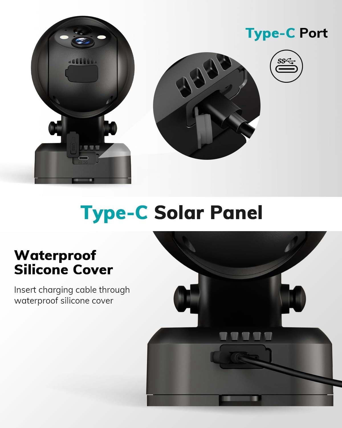 ZUMIMALL 3W Solar Panel for Security Cameras, IP66 Waterproof Solar Panel with 10ft Type C Cable,Black (Type C Port)