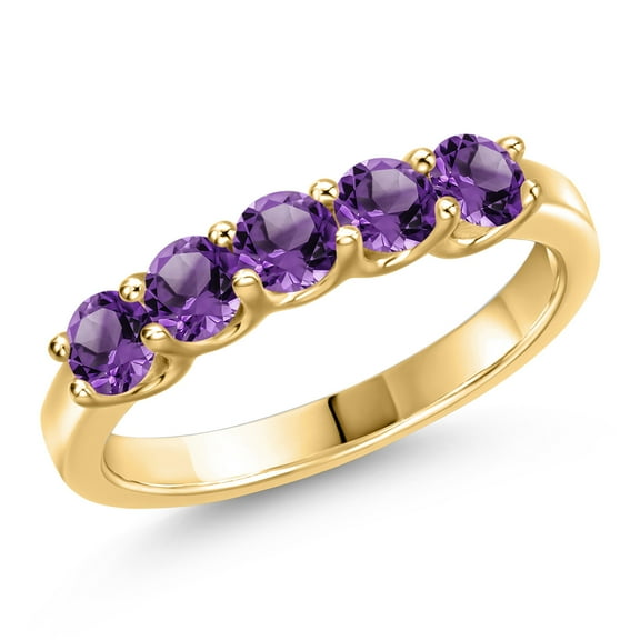 Gem Stone King 10K Yellow Gold Purple Amethyst Wedding-Bands Ring for Women | 0.80 Cttw | Round 3.5MM | Gemstone February Birthstone | Size 6