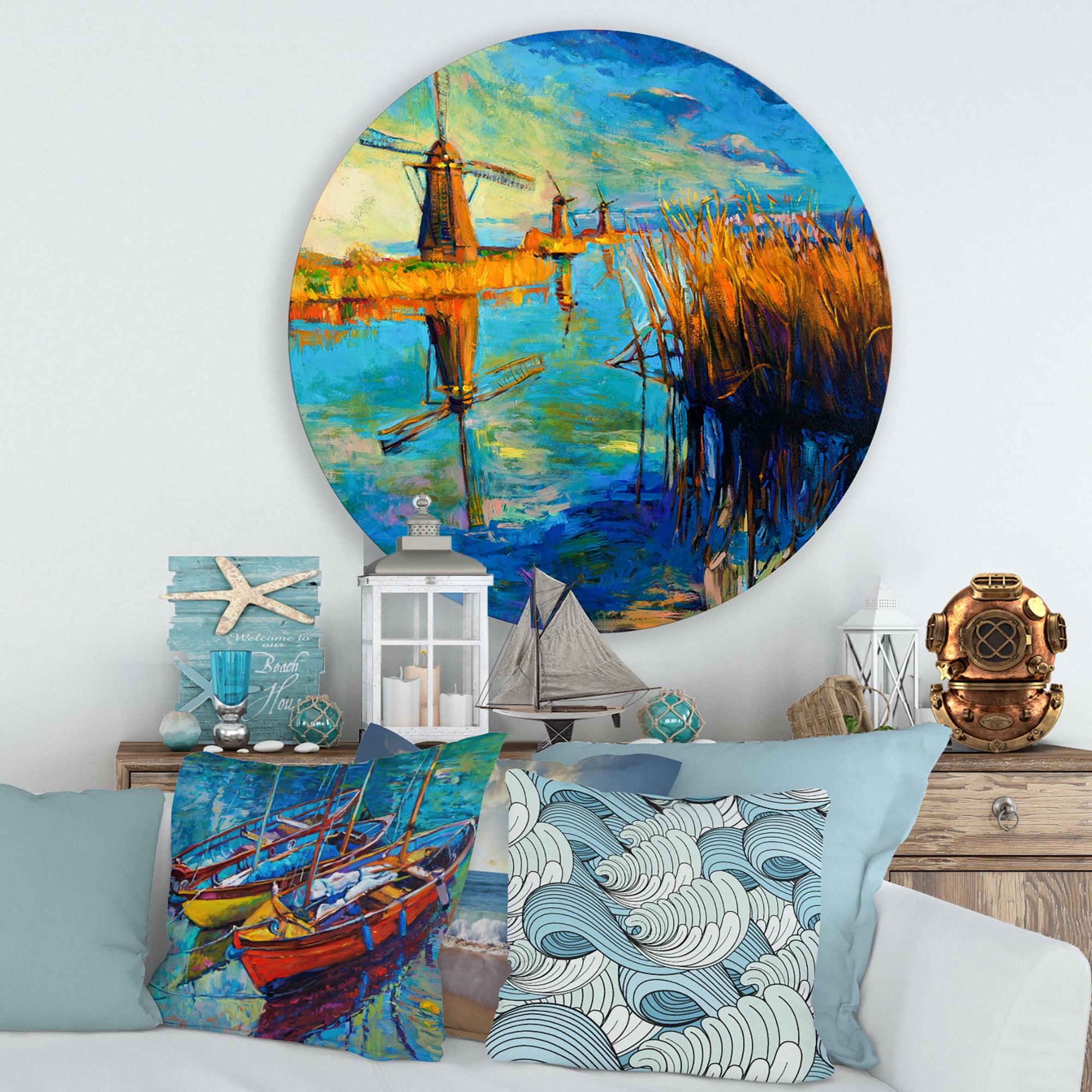 Designart 'The Deep Blue Lake And Windmills' Nautical & Coastal Circle Metal Wall Art 36x36 - Disc of 36