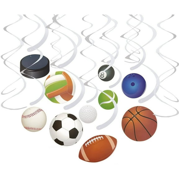 30-Count Swirl Decorations - Ball Party Decorations, Sports-Themed Party Streamers, Football, Basketball, Baseball-Style Hanging Decor, 10 Assorted Designs - Hanging Length: 34.25 to 36.25 inches