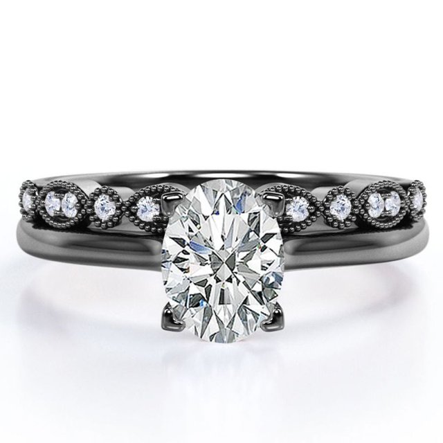 JeenMata Anillo de Boda con Filigrana Decorativa Milgrain de 1,75 Quilates con Engaste Ovalado en Punta Engastado en Oro Negro de 18 K sobre Plata (Personaliza la Banda de Tu Anillo de Bodas)