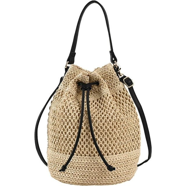 LHSHID Women's Straw Bucket Crossbody Bag Summer Weave Beach Bag Small Shoulder Bag Drawstring Hollow Out Handbag and Purse