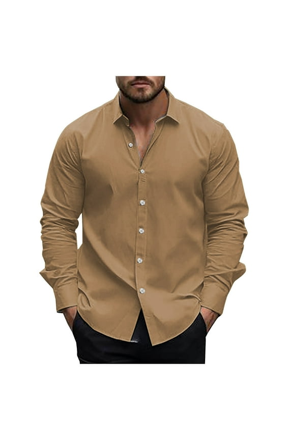 Mens Dress Shirts Wrinkle Free Dress Shirts for Men Long Sleeve Button Down Shirts Solid Banded Collar Shirts Gold XL