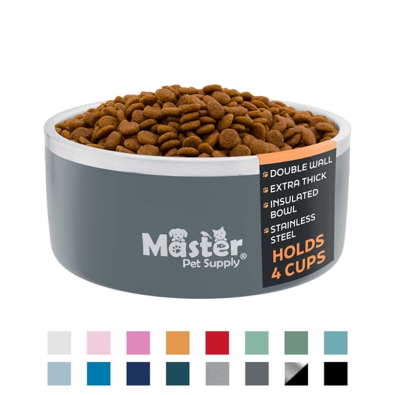 Master Pet Supply Stainless Steel Dog Bowls - 32 oz, Heavy Duty - Graphite, Double Wall Extra-Thick Insulated, Non-Slip Pet Water Bowl for Dogs, Cats & Pets, Anti Rust Metal, Dish Washer Safe