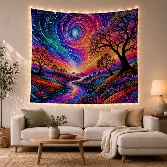 Colorful River Valley Under a Swirling Starry Sky, Dreamy Psychedelic Style for Art Lovers, Fantasy Landscape Decor, Housewarming Gift, Tapestry Wall Hanging for Bedroom and Dorm