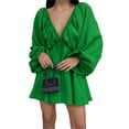 thumbnail image 2 of Coduop Women Long Puff Lantern Sleeve Dress Deep V Neck High Waist Pleated Party Short Dress, 2 of 4