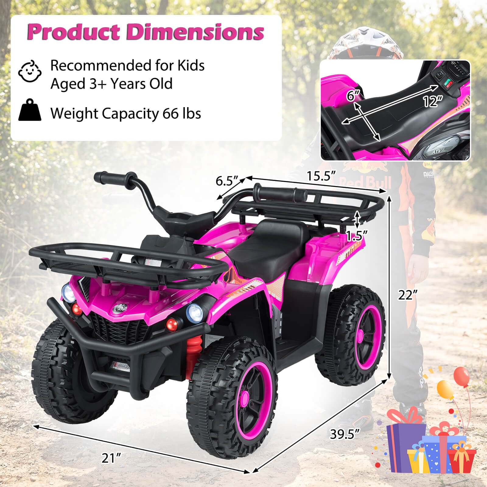 Costway 24V 4-Wheeler Ride on Toy with Slow Start, Songs, Stories, Tunes, MIC/SD/USB Port Pink
