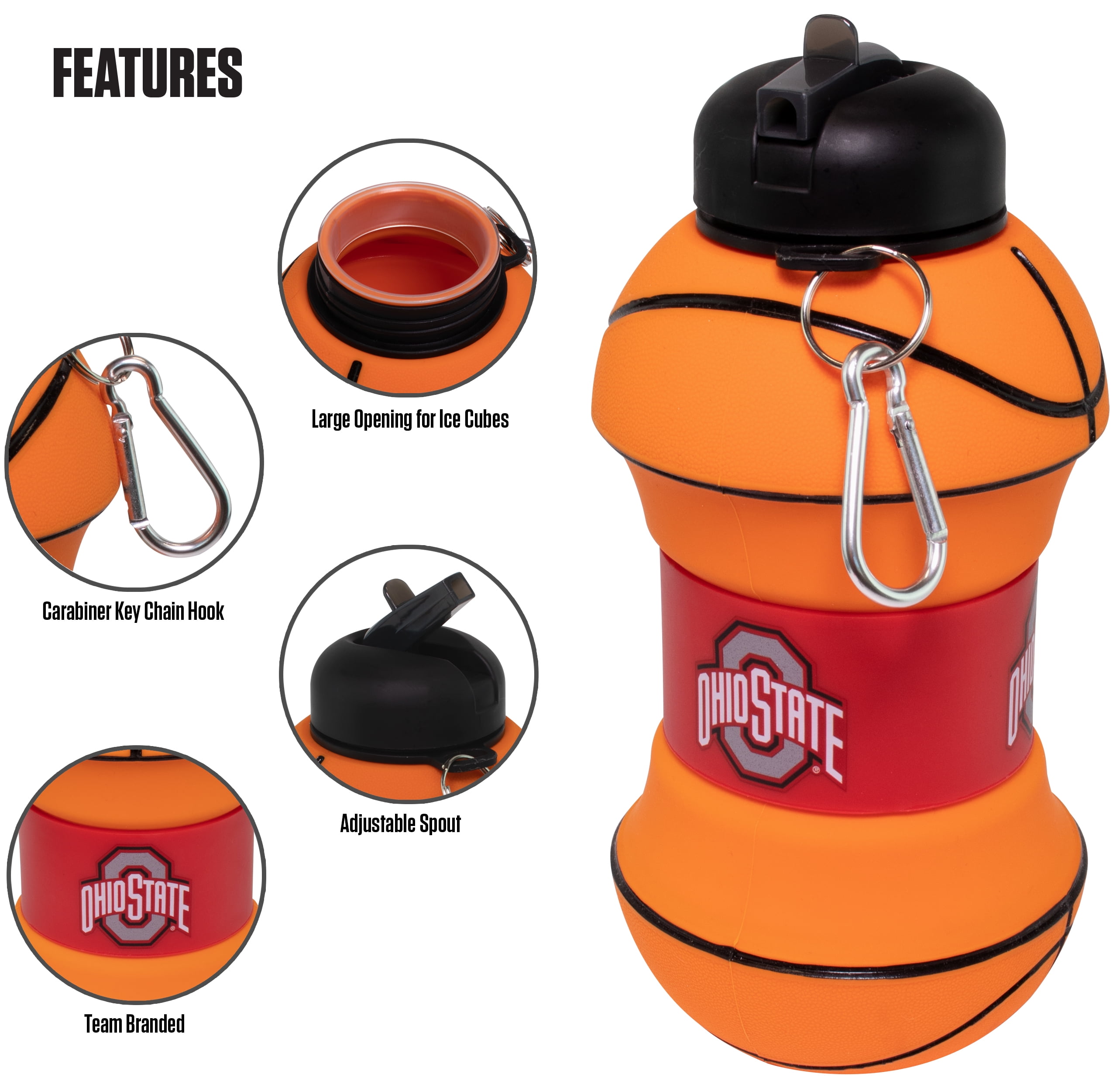 MACCABI ART Ohio State Clip-On Collapsible 1 Liter, 34 oz. size BPA-Free Silicone Basketball Large Water Bottle for Kids