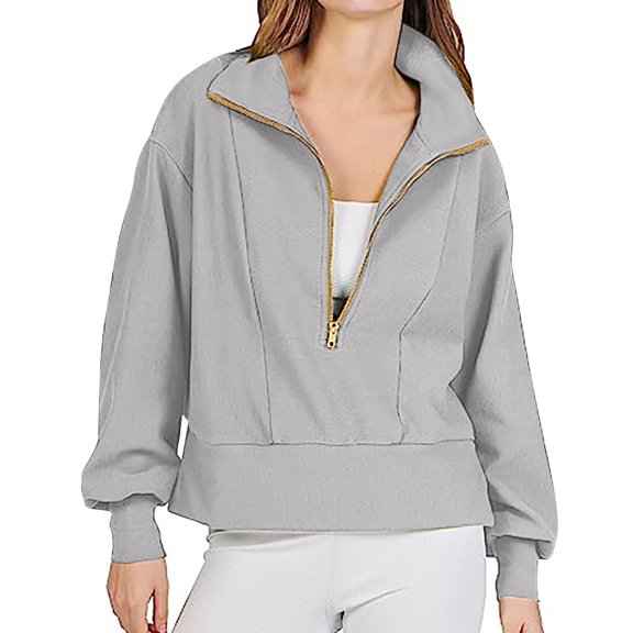 QUYUON Sweatshirts Women Zip up Deals Sweatshirts Women Oversized Polyester Long Sleeve Collared Solid Half Zip Tops Style S-1010 Lightweight Ladies Cotton Sweatshirts Tailored Fit Shirts Gray XXL