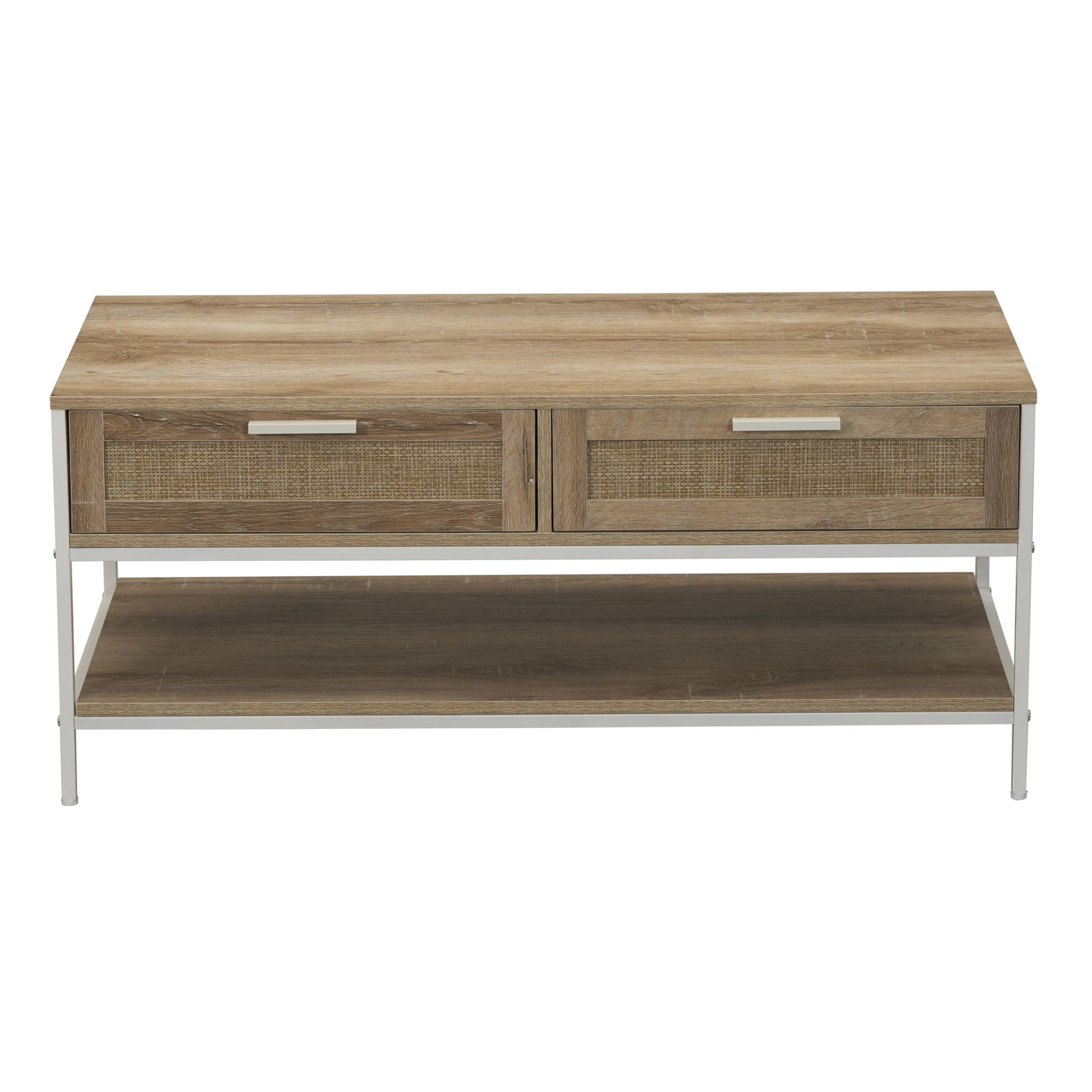 Household Essentials Bungalow Rectangular Coffee Table with Storage Shelf and 2 Drawers Coastal Oak Rustic Wood Grain Woven Front and White Metal