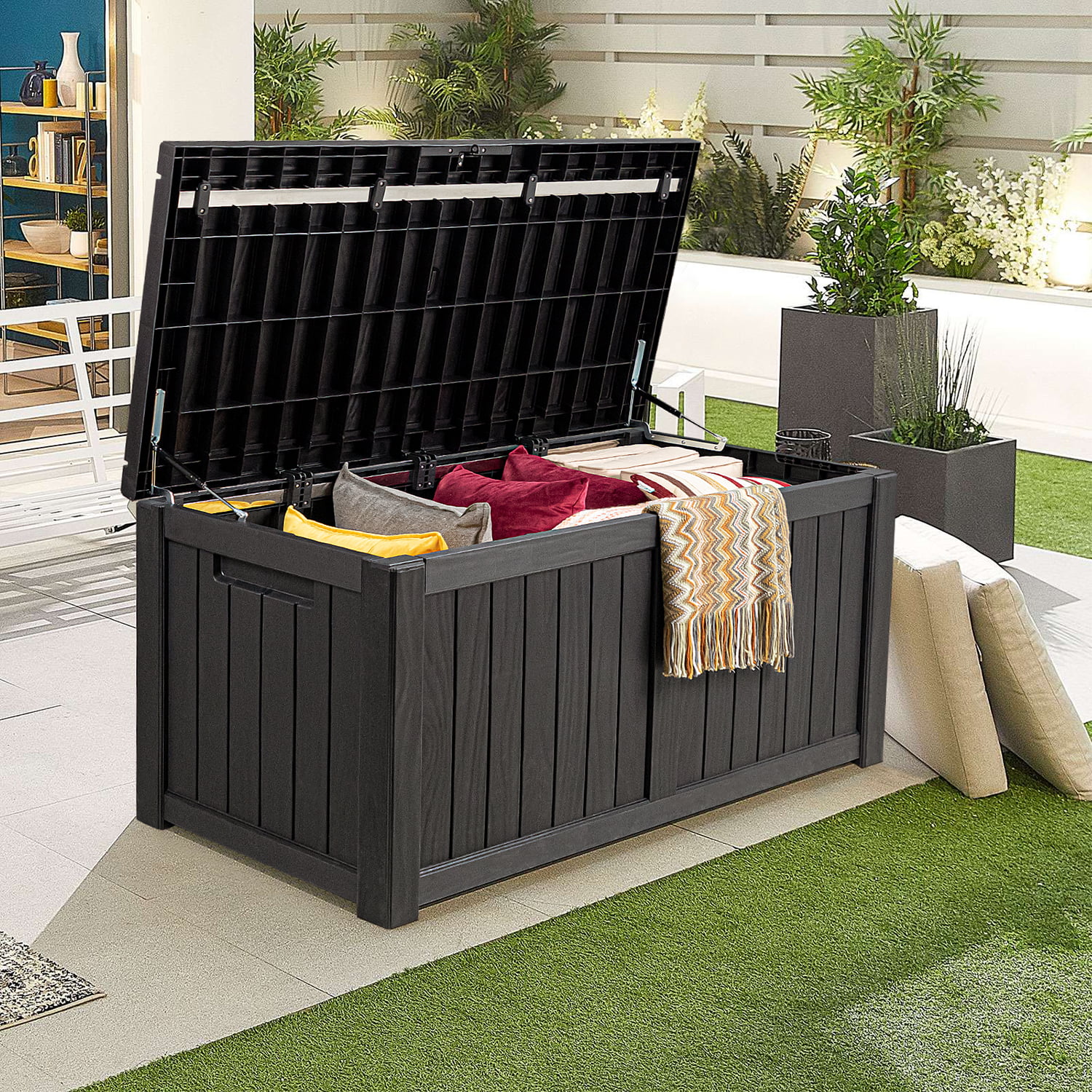 Patio Garden Deck Box With Handles SUNCROWN Weather Resistant Resin Outdoor Storage Container Black 