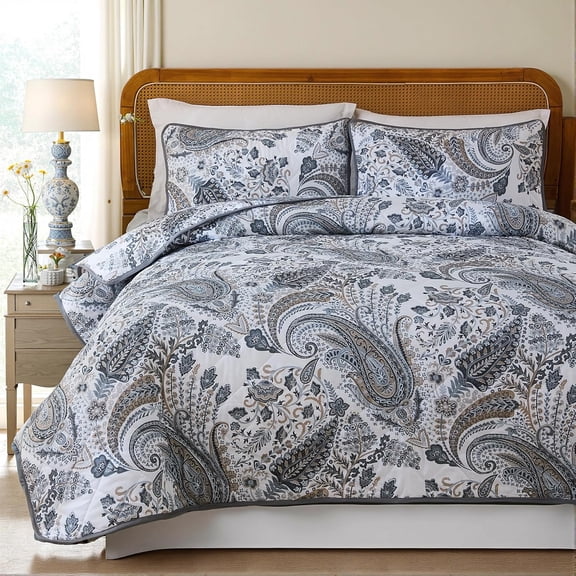 100% Cotton Quilt Sets Grey Paisley Bedding Sets 3 Pcs Reversible Coverlet Bedspread Paisley Floral Bedspread for All Season, Lightweight, Ultra Soft
