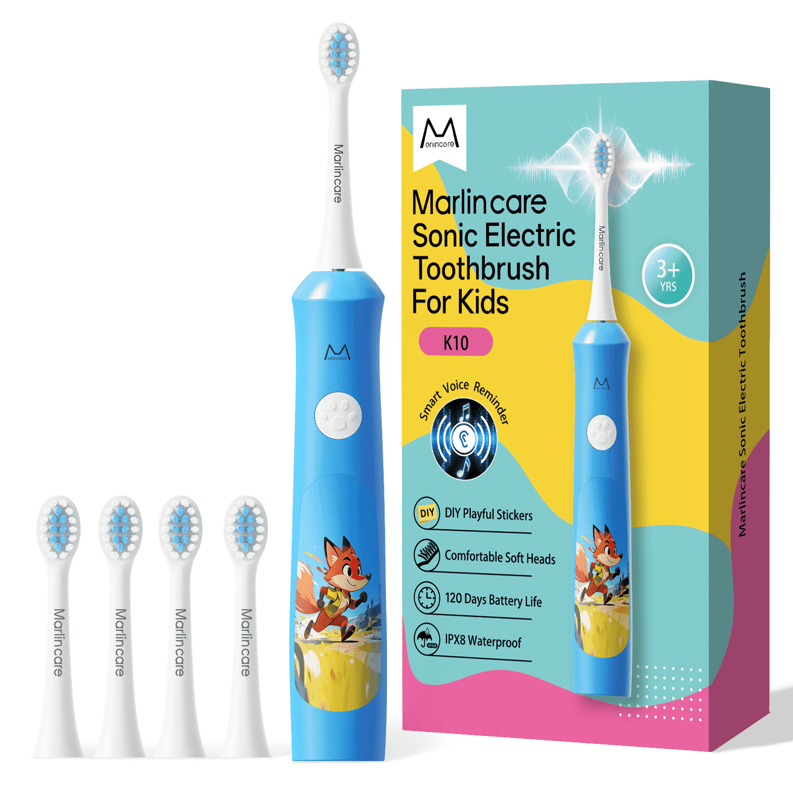 Marlincare Kids Electric Toothbrush for Ages 3+, Bone Conduction Voice Guidance, Sonic Toothbrush for Children, 2 Modes, 120-Day Battery, IPX8 Waterproof, Blue