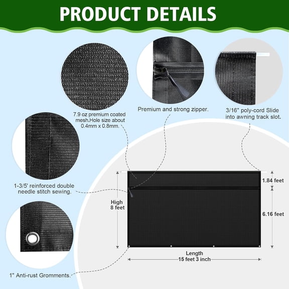 RV Awning Shade Screen with Zipper 8'X15'3'' Second Generation Sun Shade for 16ft Awnings