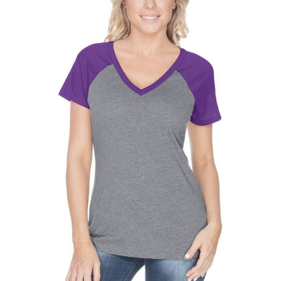 Kavio! Women Sheer Jersey Contrast V Neck Raglan Short Sleeve Dark H.Gray/Grape M