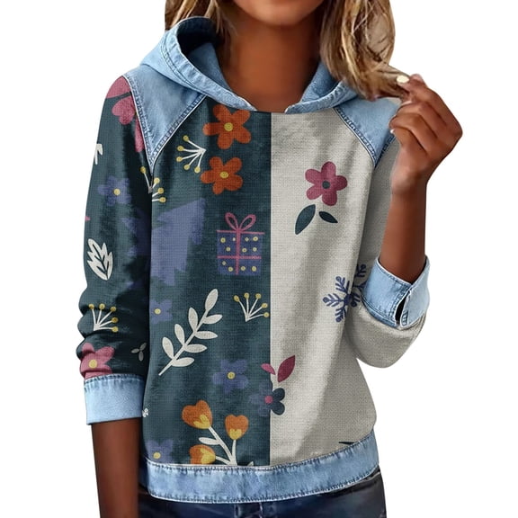 Denim Long Sleeve Top, Denim Jacket Shirts Trendy Essentials Hoodie Patchwork Top Retro Dress Shirts Women's Denim Patchwork Top Blouses for Women Dressy Casual Business
