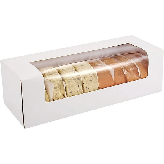 24-Pack 12" x 4" x 3.5" Roll Cake Boxes, Loaf Pumpkin Roll Boxes, White Bakery Boxes with Window, Auto-Popup Pastry Boxes
