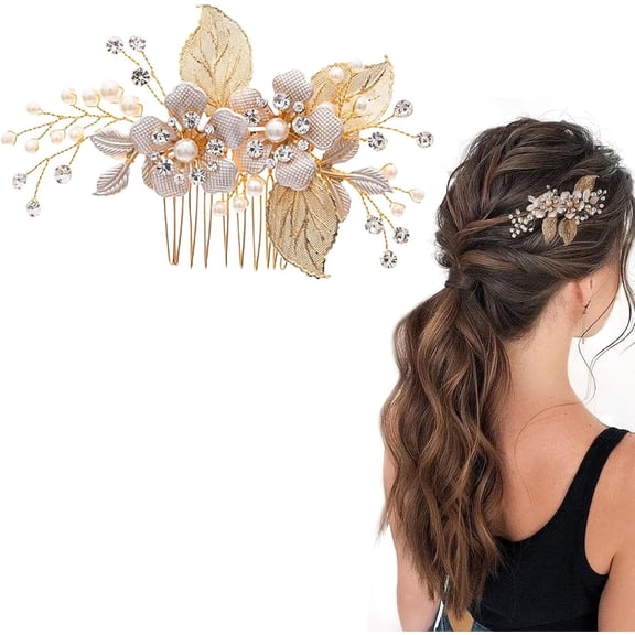Gold Wedding Hair Clip, Crystal Pearl Hair Pins Accessories, for Women Girls Brides Bridesmaid hair Pieces Comb Proposal Prom Birthday Party Accessories Decorative