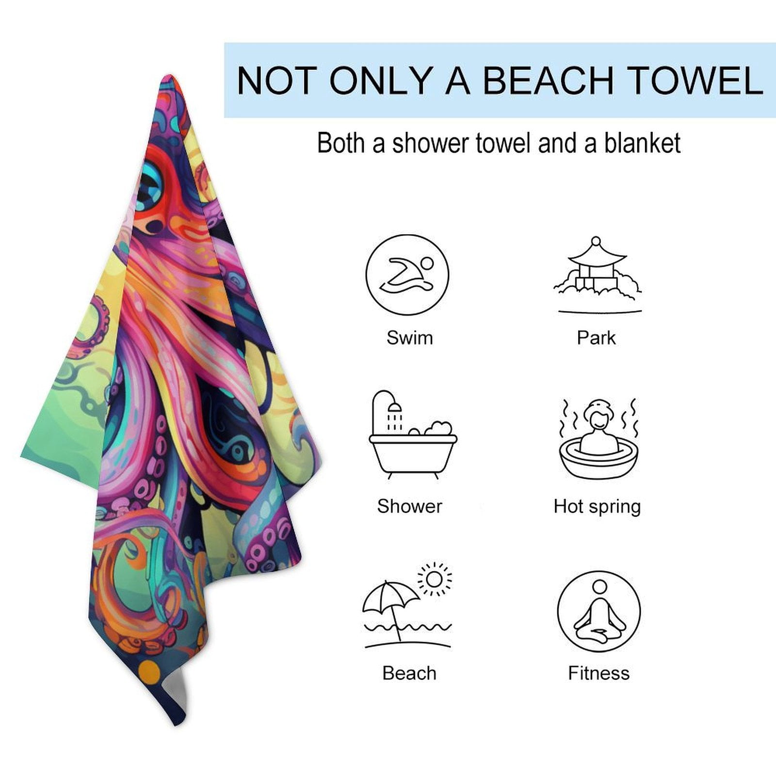 Colorful Octopus Microfiber Lightweight Beach Towel Quick Dry Absorbent Thin Towels for Swimming Pool Camping Beach Easy for Vacation Essentials